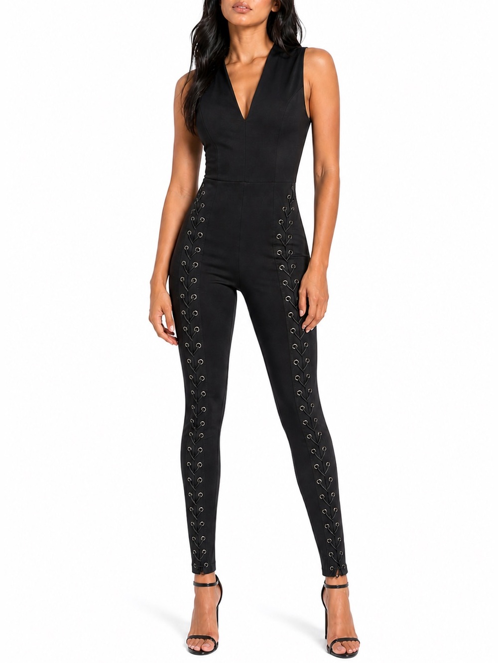Black Lace-Up Detail Jumpsuit | Night Out Statement Piece